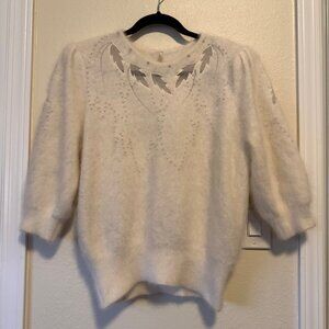 VTG 70's White Angora Embroidered Beaded 3/4 Length Sleeve Sweater Sz S/M